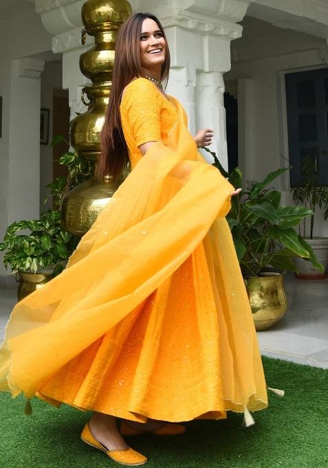 Yellow Embroidered Blended Anarkali Set With Dupatta