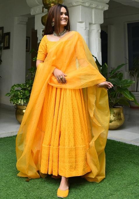 Yellow Embroidered Blended Anarkali Set With Dupatta