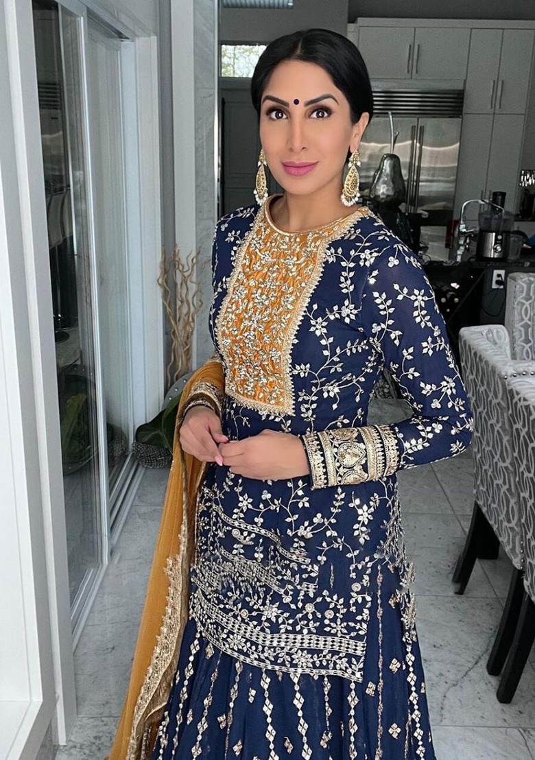 Blue Embroidered Georgette Sharara Set With Dupatta - Indya