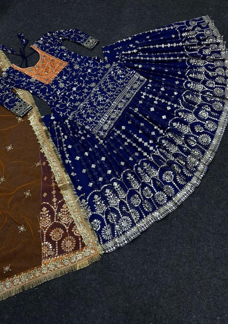 Blue Embroidered Georgette Sharara Set With Dupatta - Indya