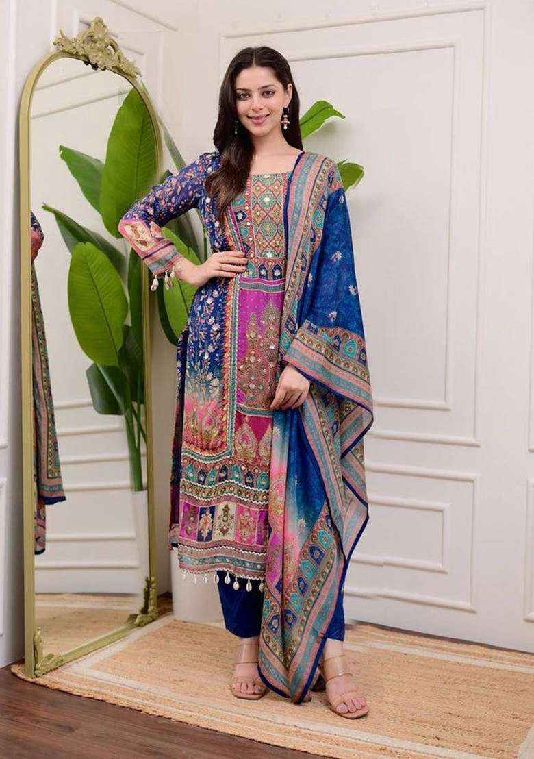 Blue Printed Georgette Pakistani Suit Set - Indya