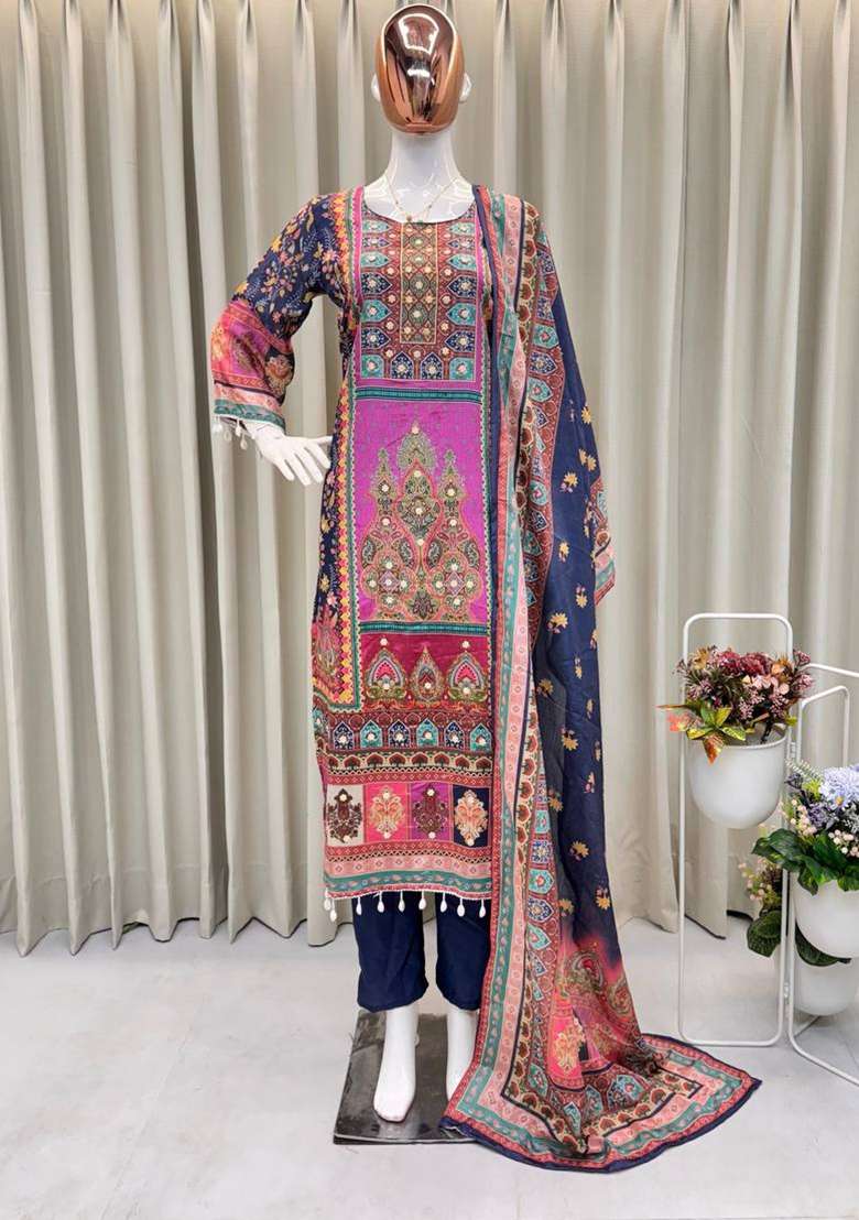 Blue Printed Georgette Pakistani Suit Set - Indya