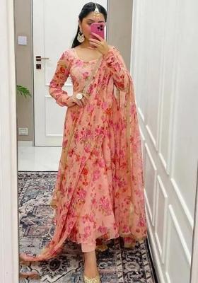 Peach Digital Print Georgette Anarkali Set With Dupatta