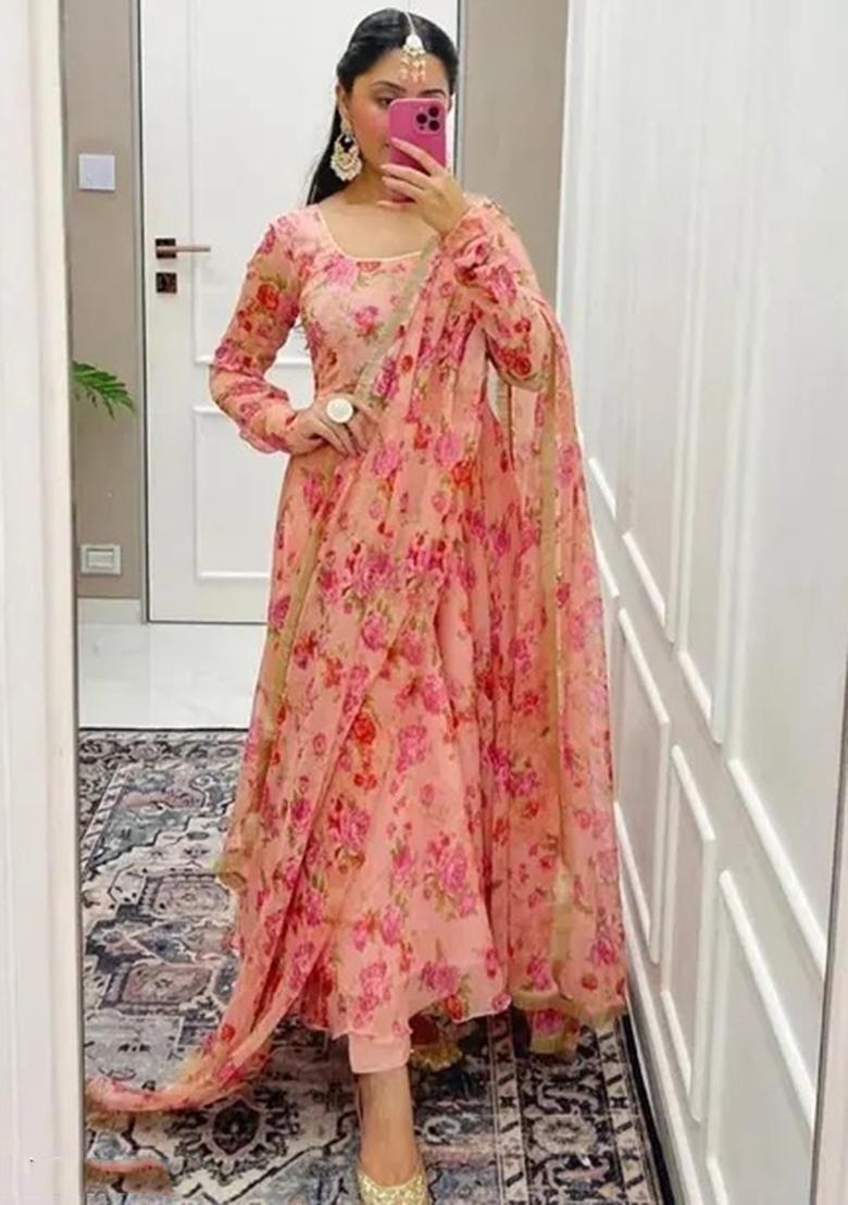 Peach Digital Print Georgette Anarkali Set With Dupatta