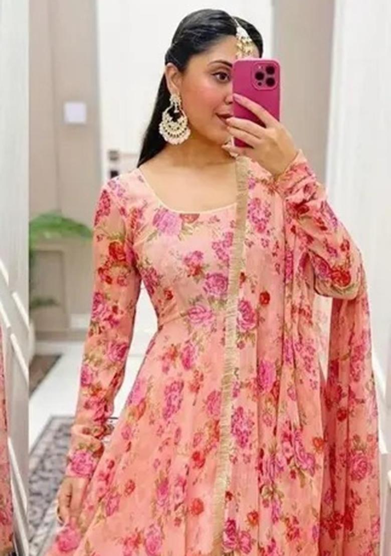 Peach Digital Print Georgette Anarkali Set With Dupatta