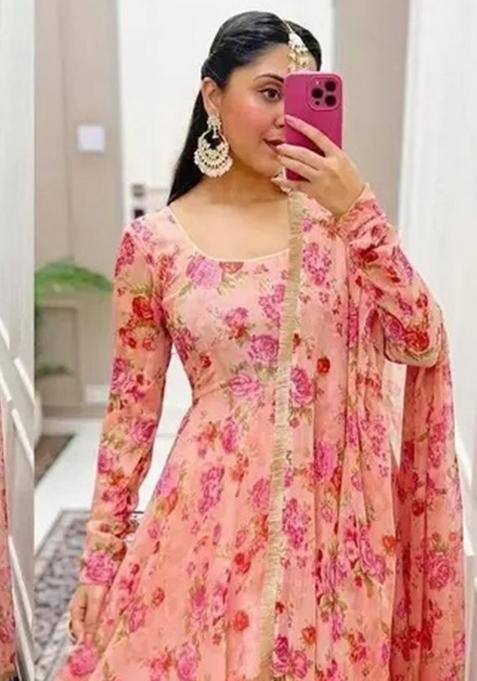 Peach Digital Print Georgette Anarkali Set With Dupatta