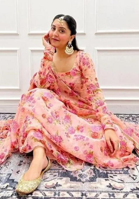 Peach Digital Print Georgette Anarkali Set With Dupatta