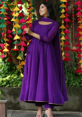 Purple Embroidered Georgette Anarkali Set With Dupatta