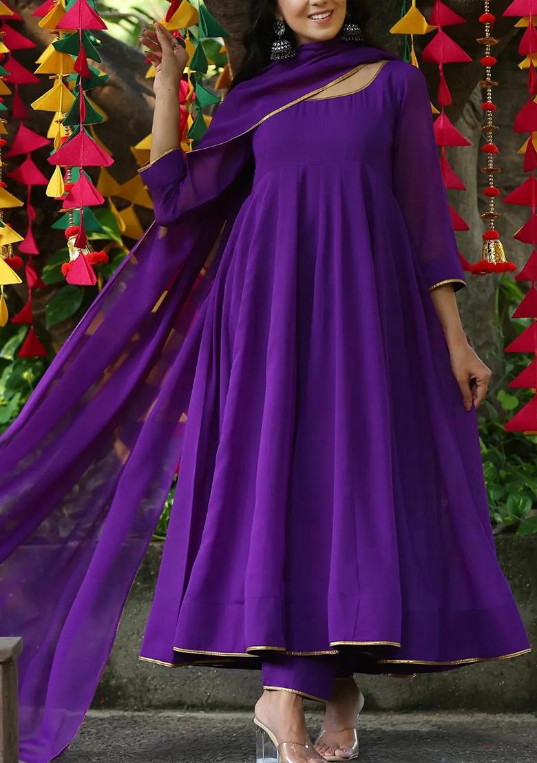 Purple Embroidered Georgette Anarkali Set With Dupatta - Indya