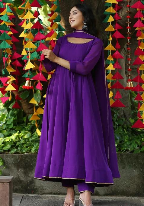 Purple Embroidered Georgette Anarkali Set With Dupatta