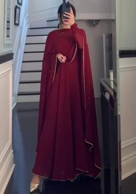 Maroon Thread Georgette Anarkali Set With Dupatta
