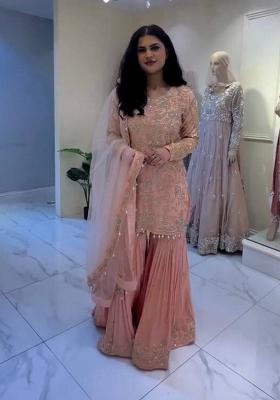 Peach Sequence Embroidery Work Georgette Sharara Set With Dupatta