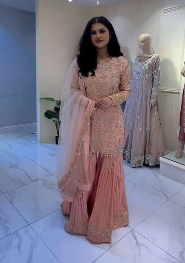 Peach Sequence Embroidery Work Georgette Sharara Set With Dupatta - Indya
