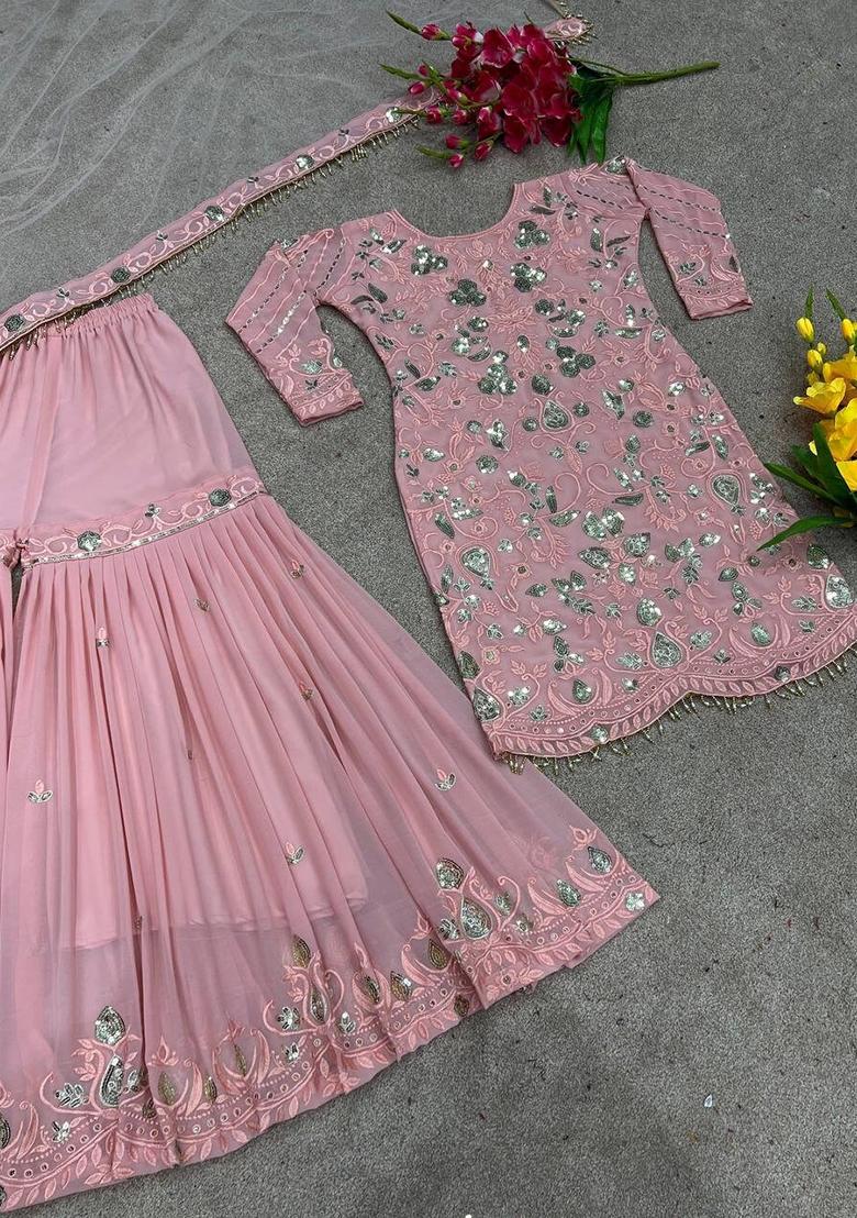 Peach Sequence Embroidery Work Georgette Sharara Set With Dupatta - Indya