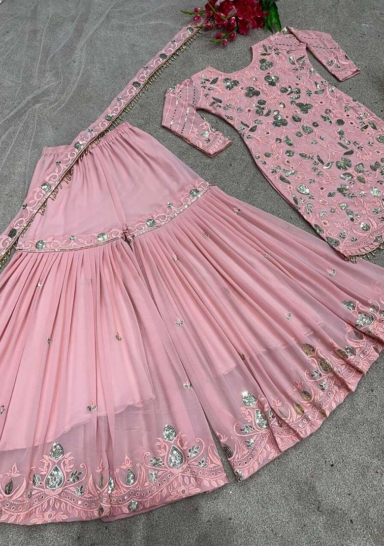 Peach Sequence Embroidery Work Georgette Sharara Set With Dupatta - Indya