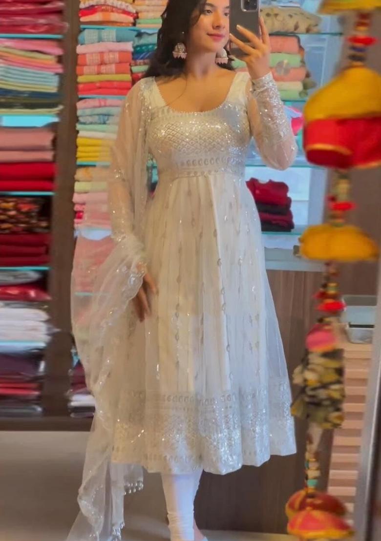 White Sequence Embroidery Work Georgette Anarkali Set With Dupatta - Indya