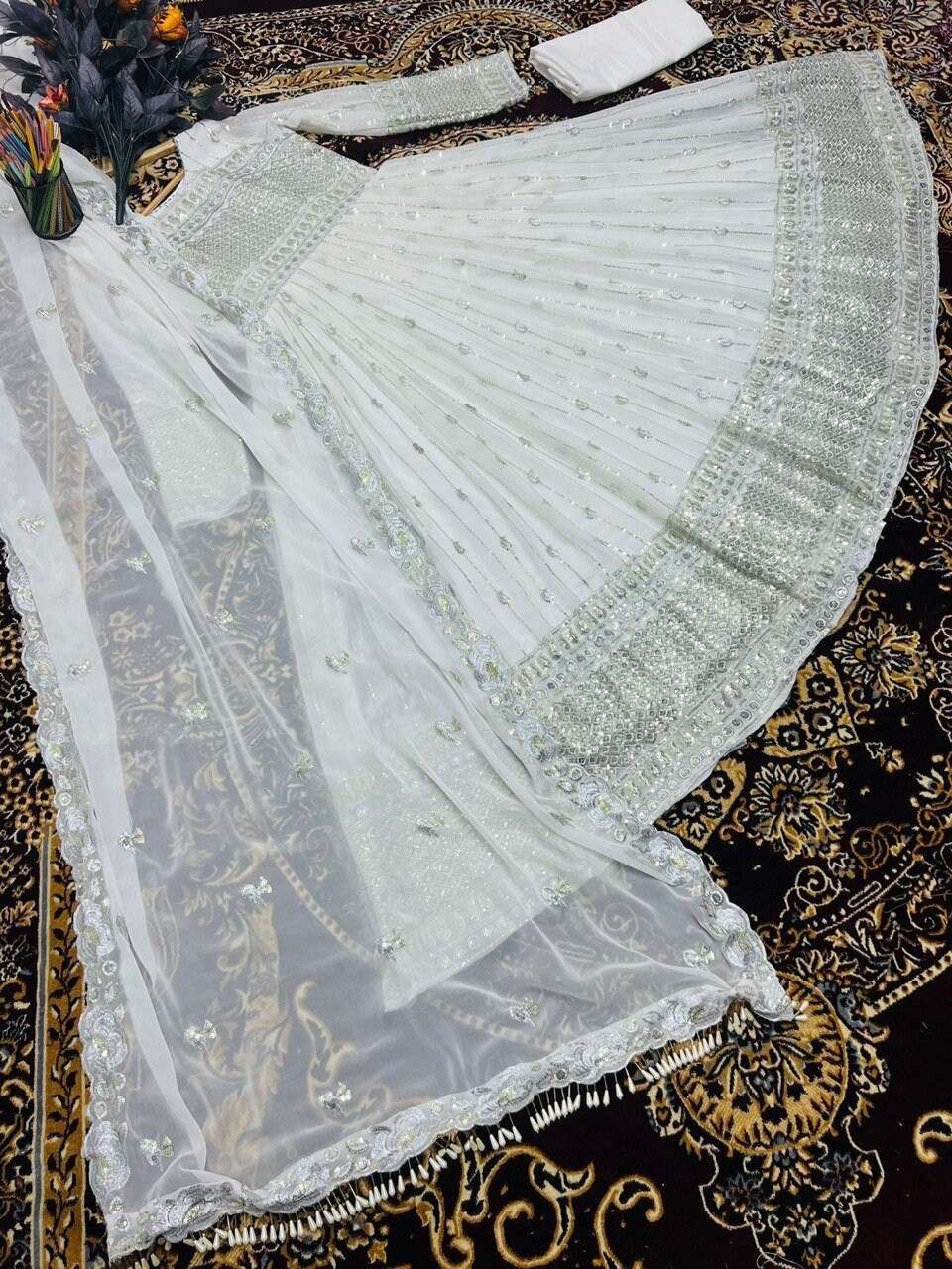 White Sequence Embroidery Work Georgette Anarkali With Dupatta With Dupatta - Indya