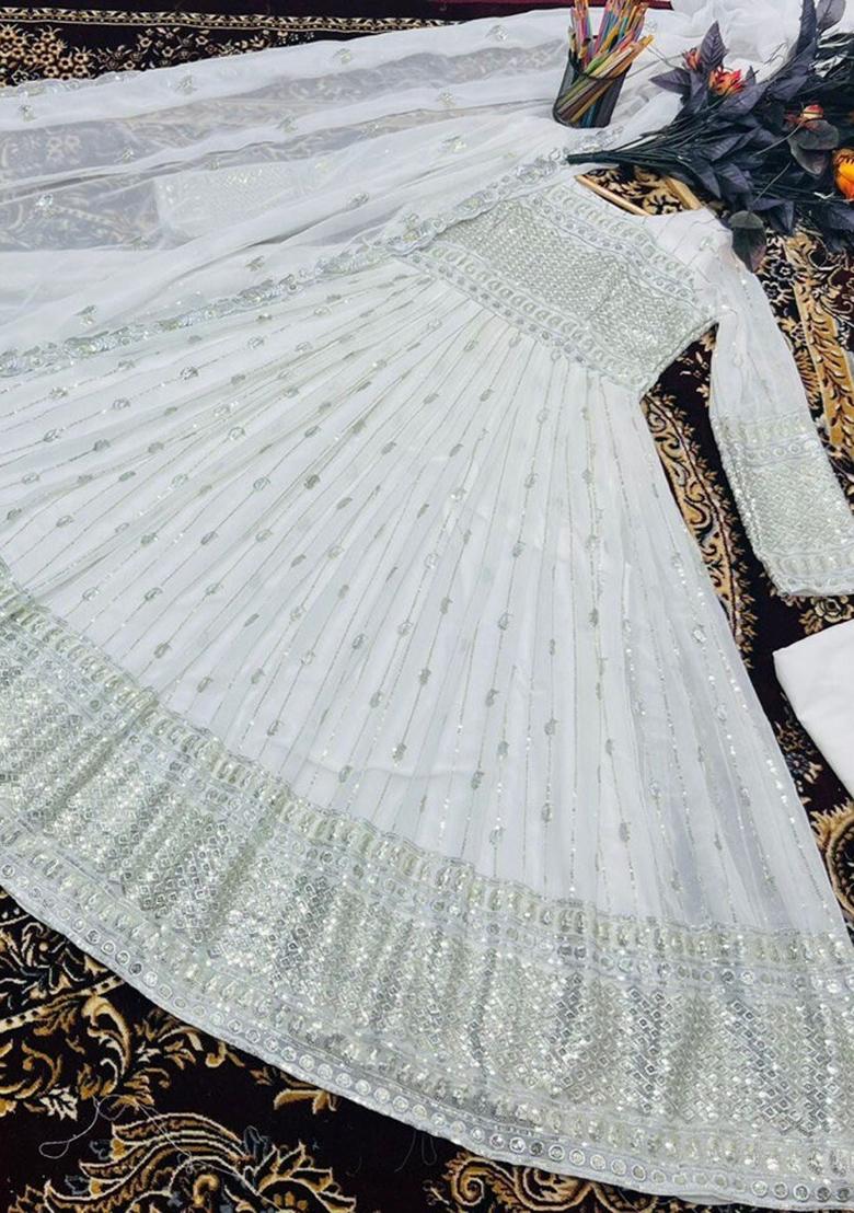 White Sequence Embroidery Work Georgette Anarkali Set With Dupatta - Indya