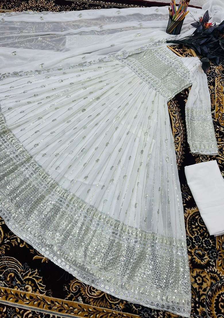 White Sequence Embroidery Work Georgette Anarkali With Dupatta With Dupatta - Indya