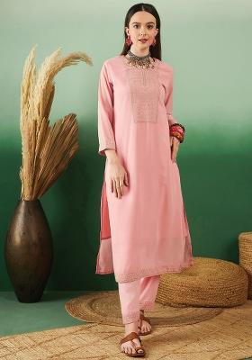 Light Pink Embroidered Georgette Kurti Set