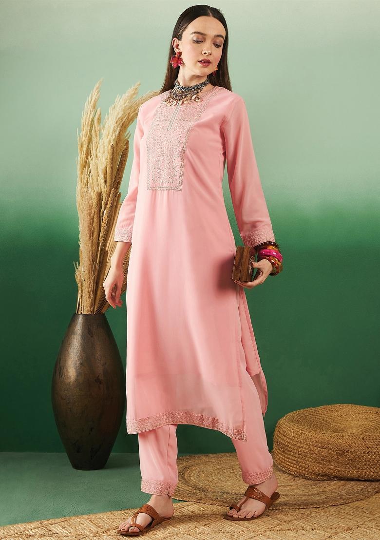 Light Pink Embroidered Georgette Kurti Set - Indya