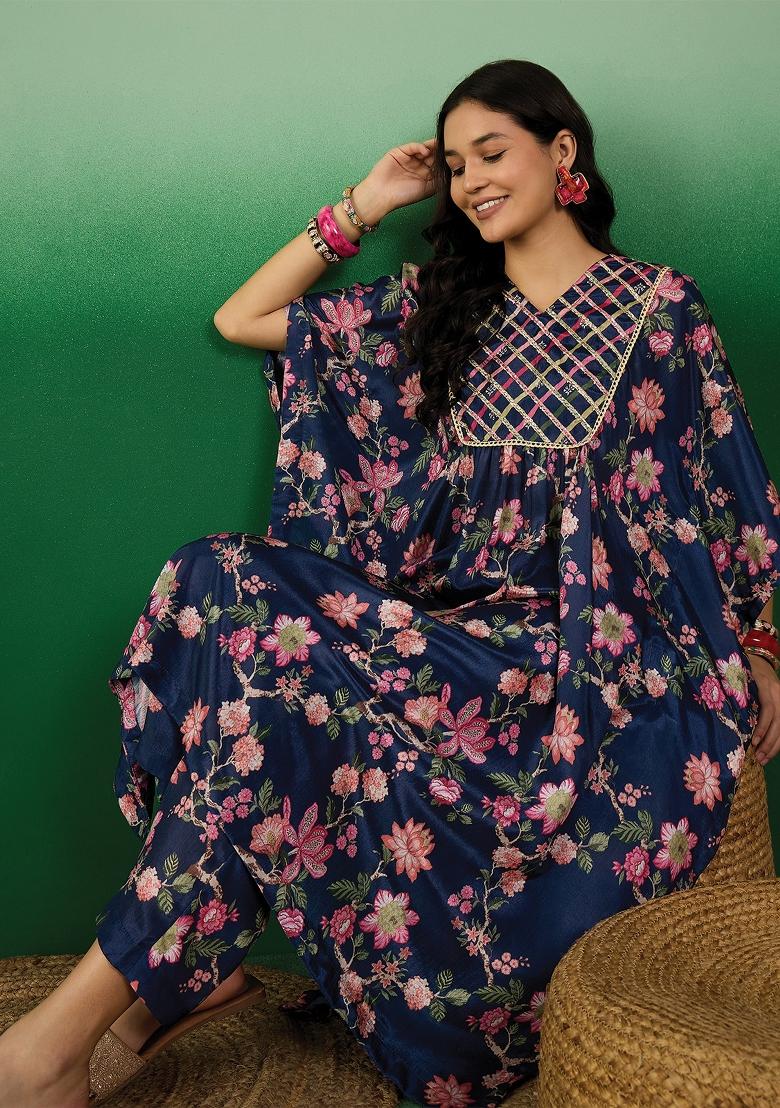 Blue Printed Chinon Kurti Set - Indya