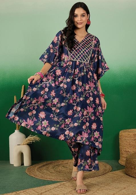 Blue Printed Chinon Kurti Set