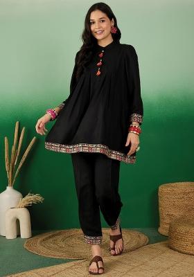 Black Solid Rayon Kurti Set