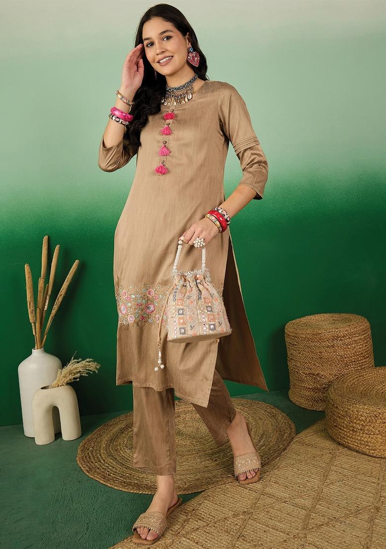 Beige Floral Thread Silk Kurti Set - Indya