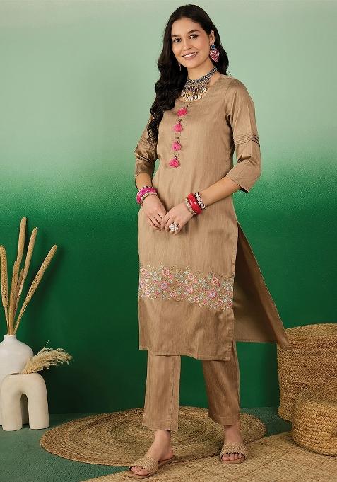 Beige Floral Thread Silk Kurti Set