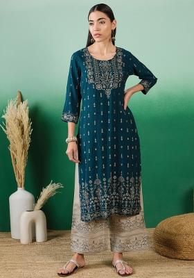 Deep Green Printed Silk Kurti Set