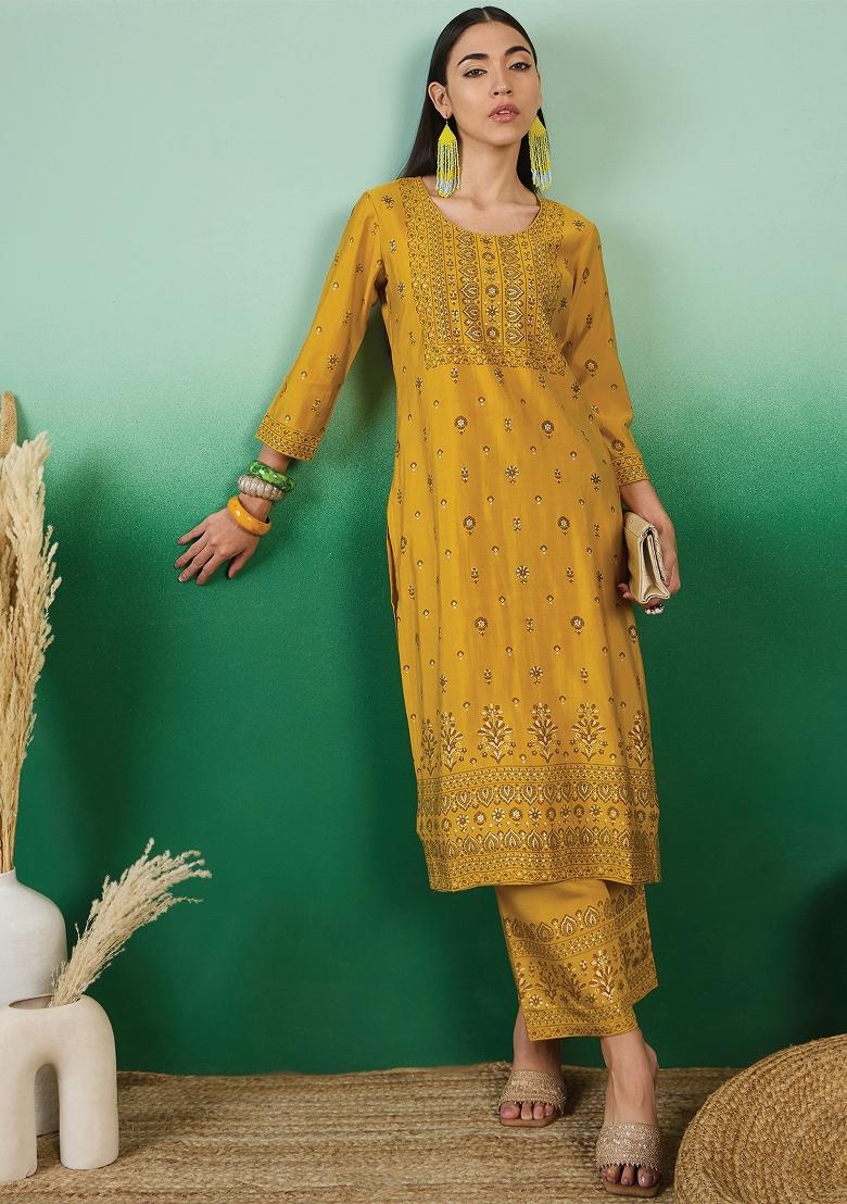 Yellow Printed Silk Kurti Set