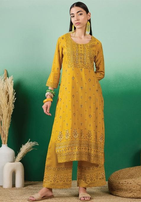 Yellow Printed Silk Kurti Set