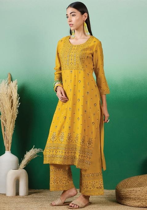 Yellow Printed Silk Kurti Set