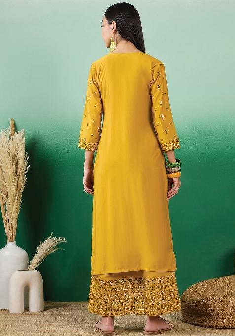 Yellow Printed Silk Kurti Set