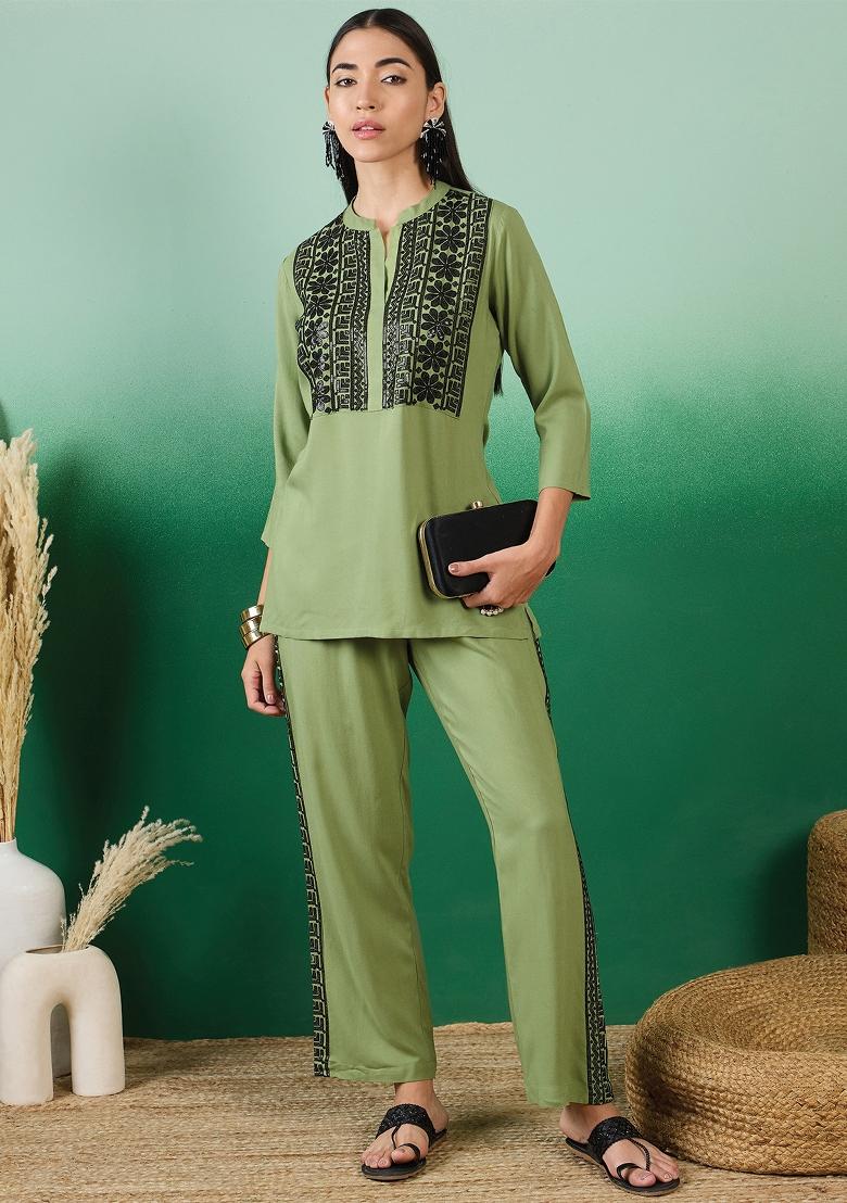 Green Sequins Rayon Kurti Set