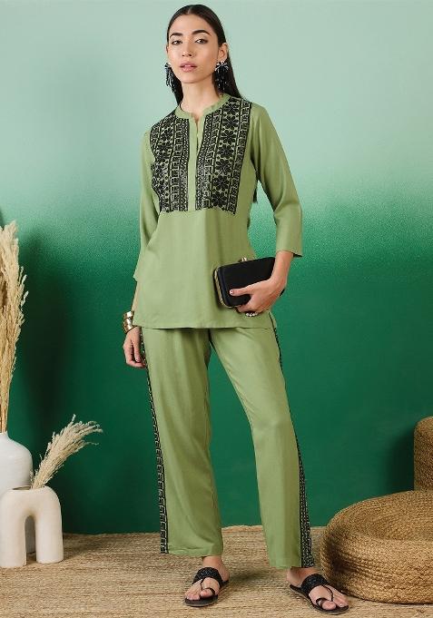 Green Sequins Rayon Kurti Set
