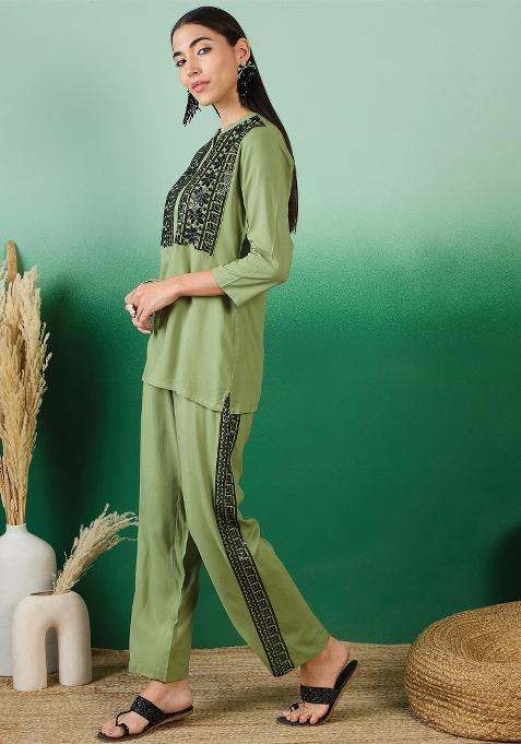 Green Sequins Rayon Kurti Set