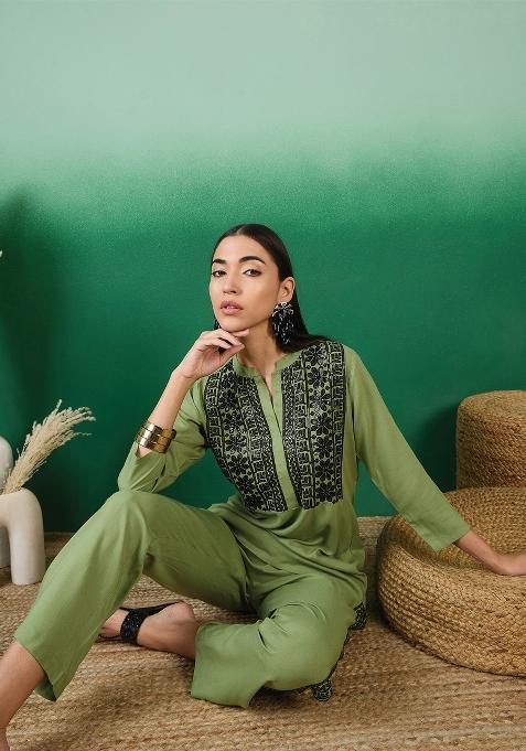 Green Sequins Rayon Kurti Set