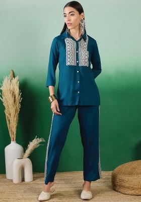 Teal Blue Sequins Rayon Kurta Set