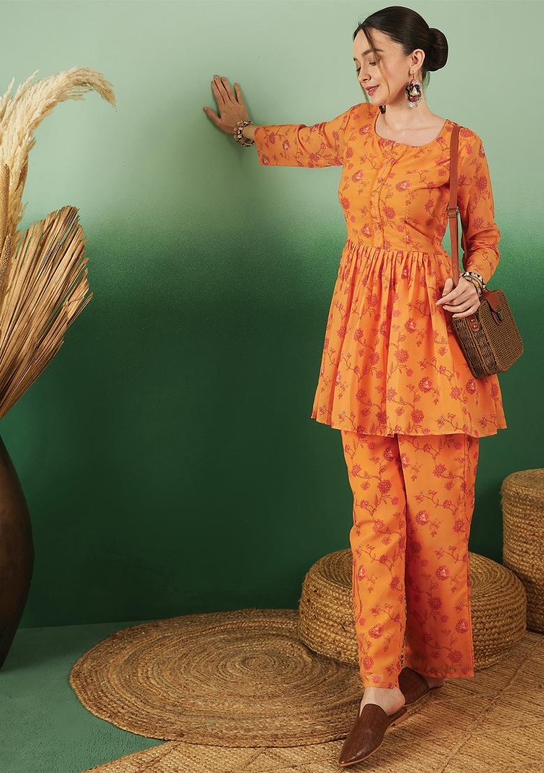 Orange Embroidered Georgette Co Ord Sets - Indya