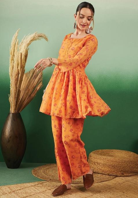 Orange Embroidered Georgette Co Ord Sets