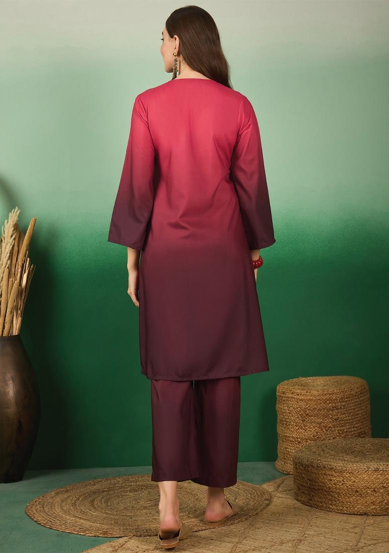 Wine Embroidered Rayon Co Ord Sets