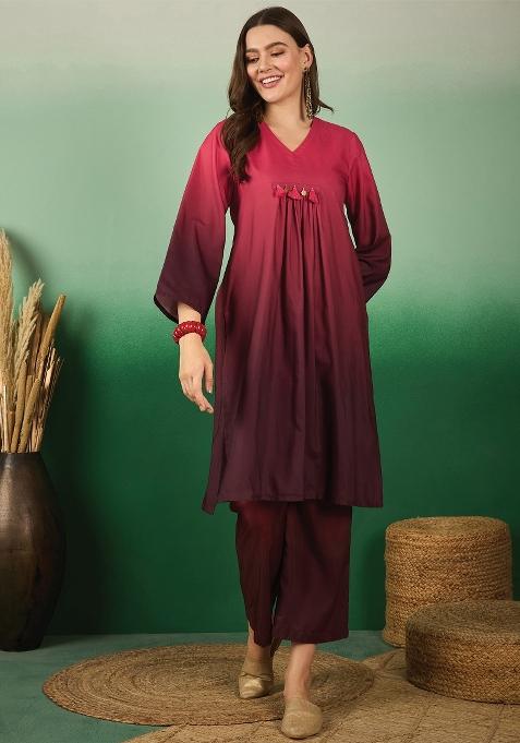 Wine Embroidered Rayon Co Ord Sets