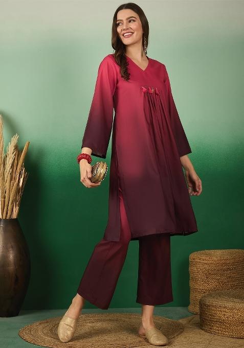 Wine Embroidered Rayon Co Ord Sets