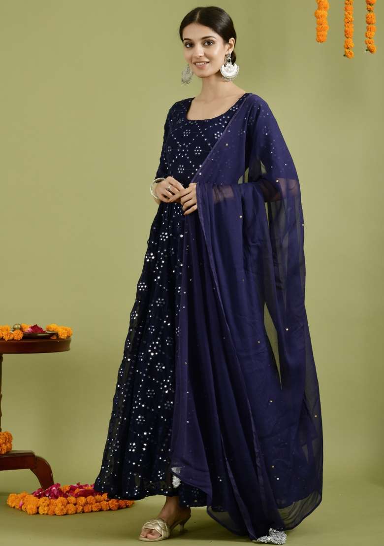 Blue Sequin Work Georgette Anarkali With Dupatta - Indya