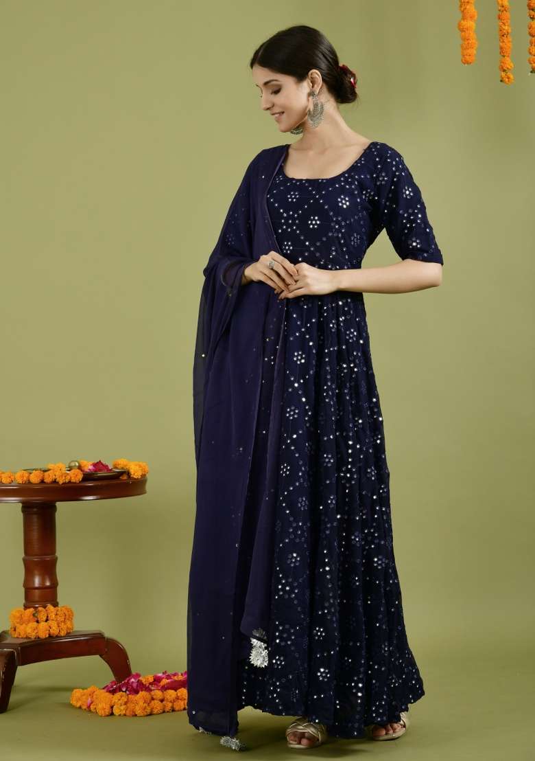 Blue Sequin Work Georgette Anarkali With Dupatta - Indya