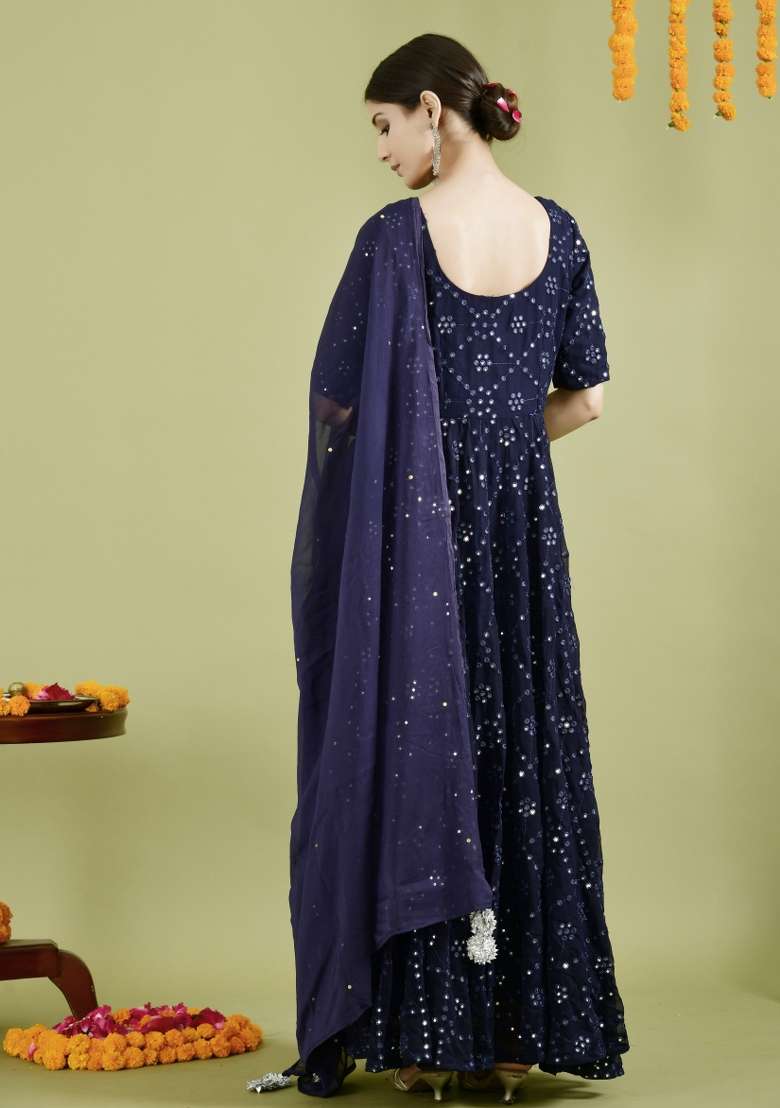 Blue Sequin Work Georgette Anarkali With Dupatta - Indya
