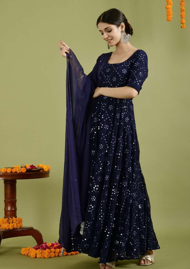 Blue Sequin Work Georgette Anarkali With Dupatta - Indya