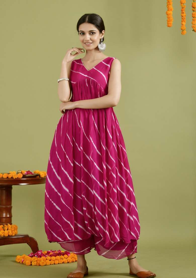 Wine Striped Georgette Kurta - Indya